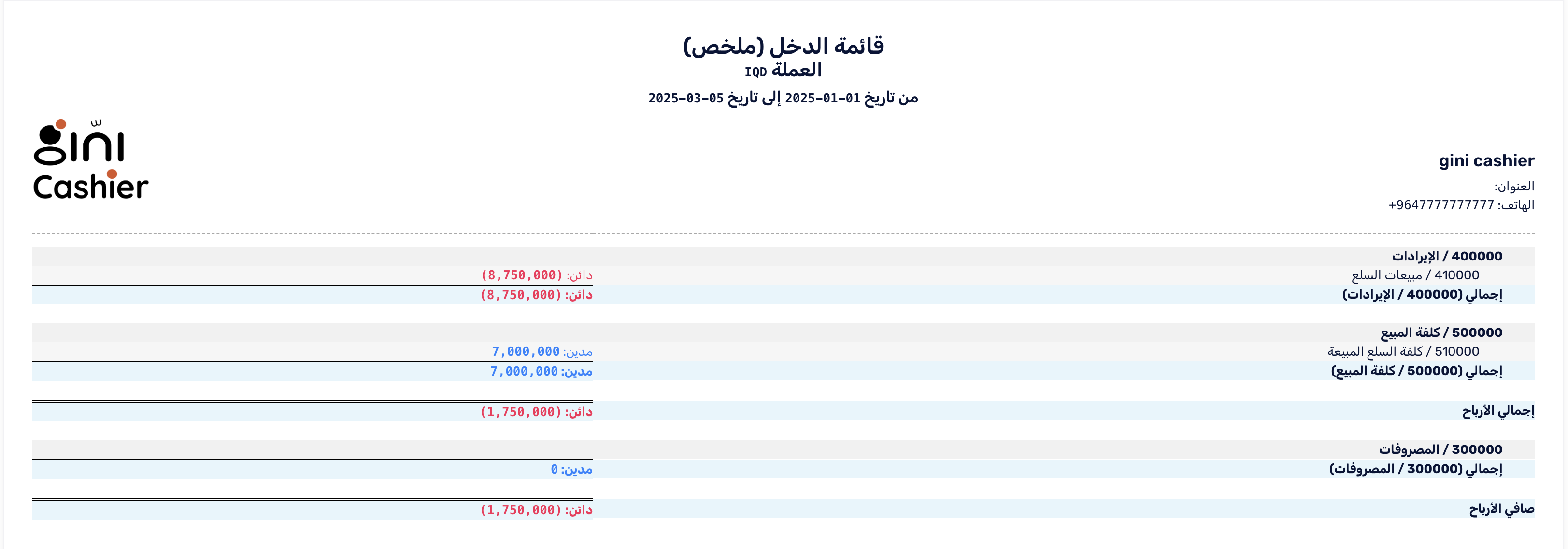 هيكل تقرير الأرباح والخسائر