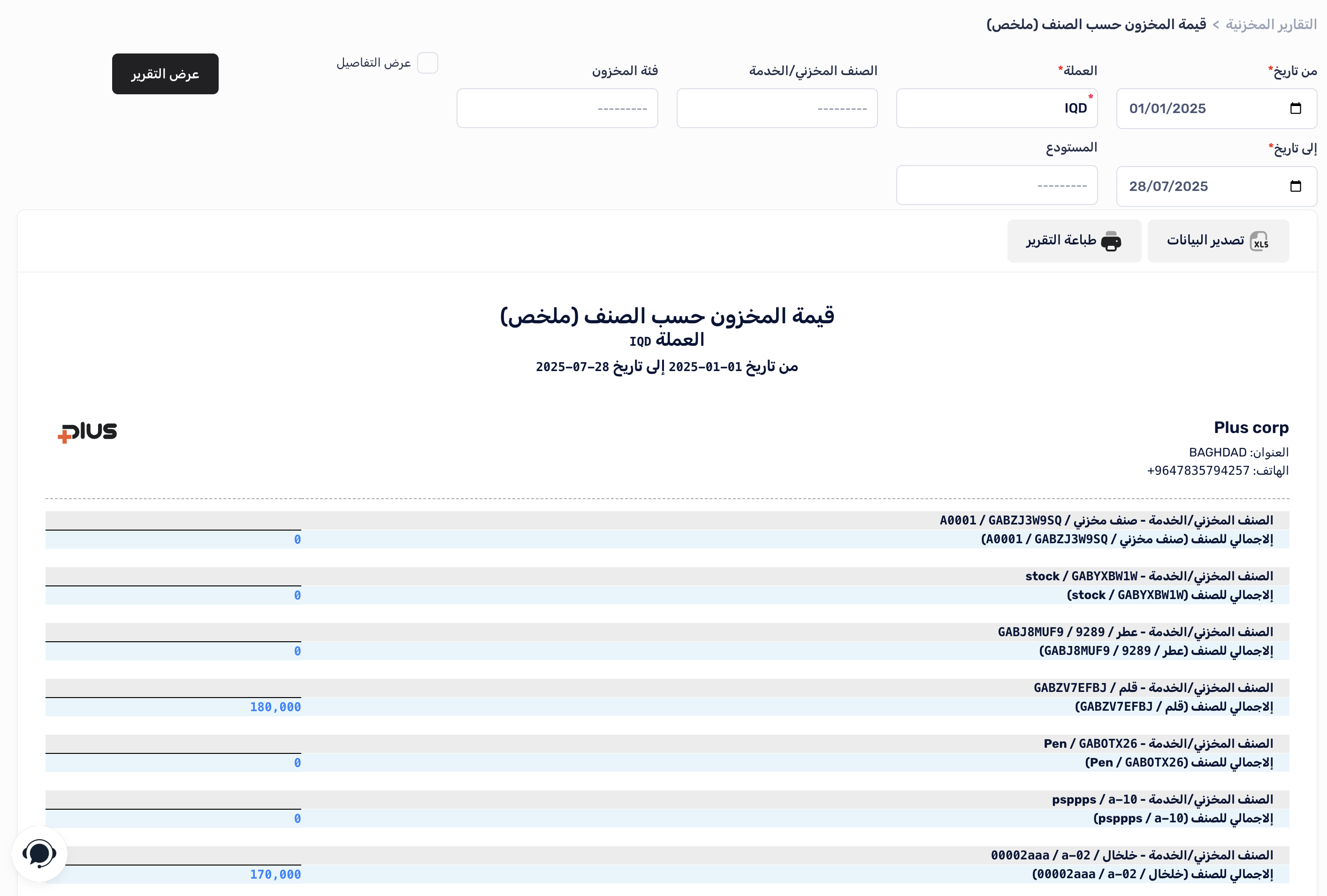 هيكل تقرير قيمة المخزون حسب الصنف