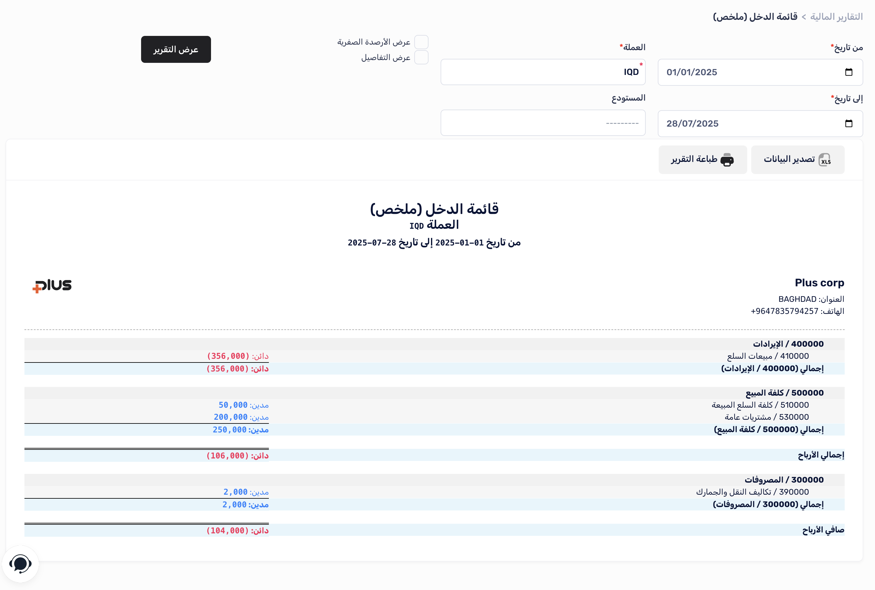 هيكل تقرير الأرباح والخسائر