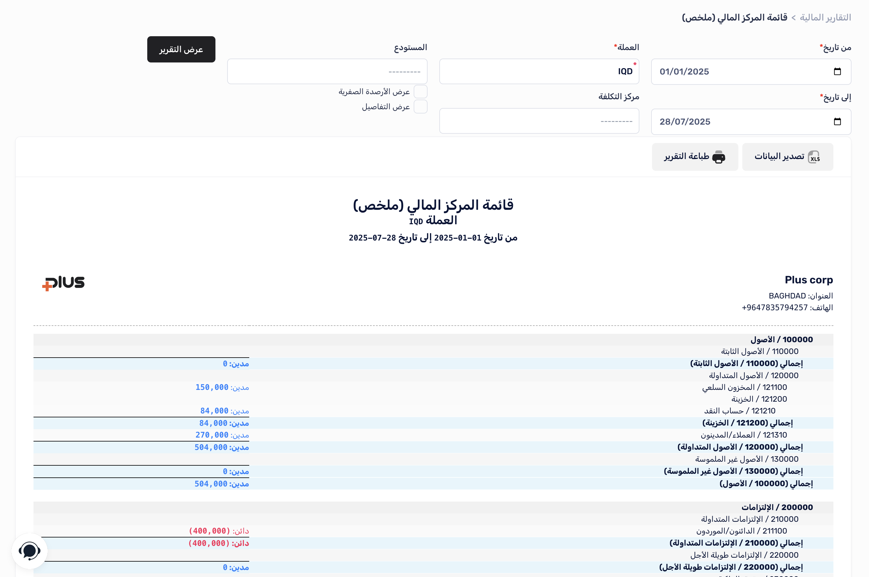 هيكل تقرير قائمة المركز المالي